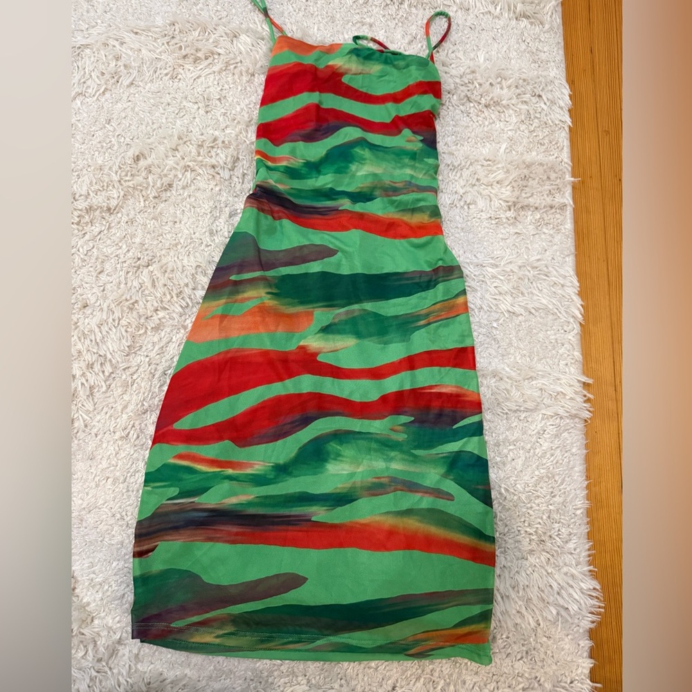 Green & Red Printed Slip Dress